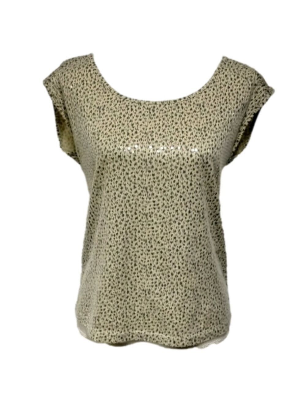 Ann Taylor Loft Tan Leopard Print Sequence Front Scoop Neckline Cap Sleeve Top